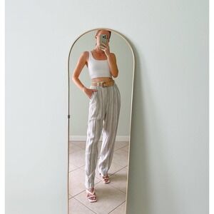 Vintage Striped Linen Blend High Waist Straight Leg Belted Trouser Pants